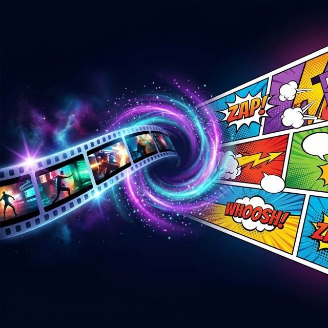 Video to Comic transformation — film strip morphing into comic panels